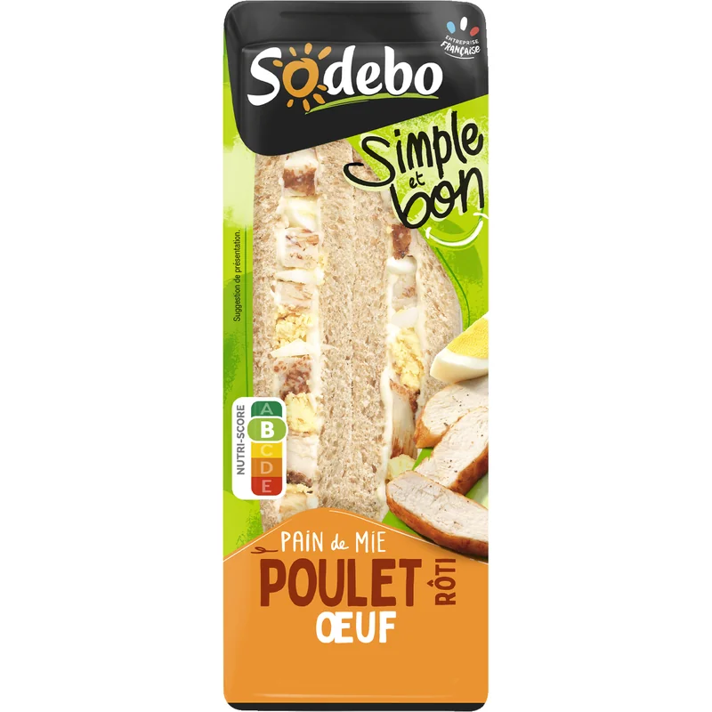 Sandwich au pain de mie (54%) garni de poulet rôti traité en saison (16%) et d'œuf (13%) Sodebo