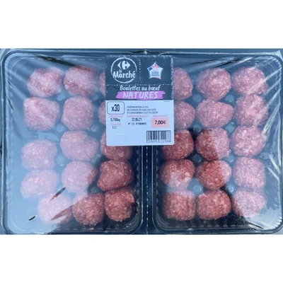 Boulettes au boeuf natures preparation de viande bovine hachee (72%) avec proteine vegetale. a consommer cuit a coeur Carrefour
